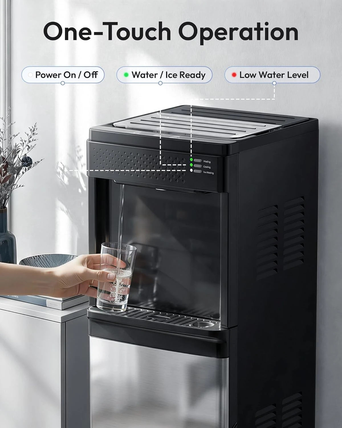 EUHOMY Multi-Functional Water Dispenser & Ice Maker Combo, Bottom Loading Design for Easy Bottle Replacement, Hot/Room Temp/Cold Water Available, Supports 3&5 Gallon Bottles, 33 Lbs Ice per 24 Hours