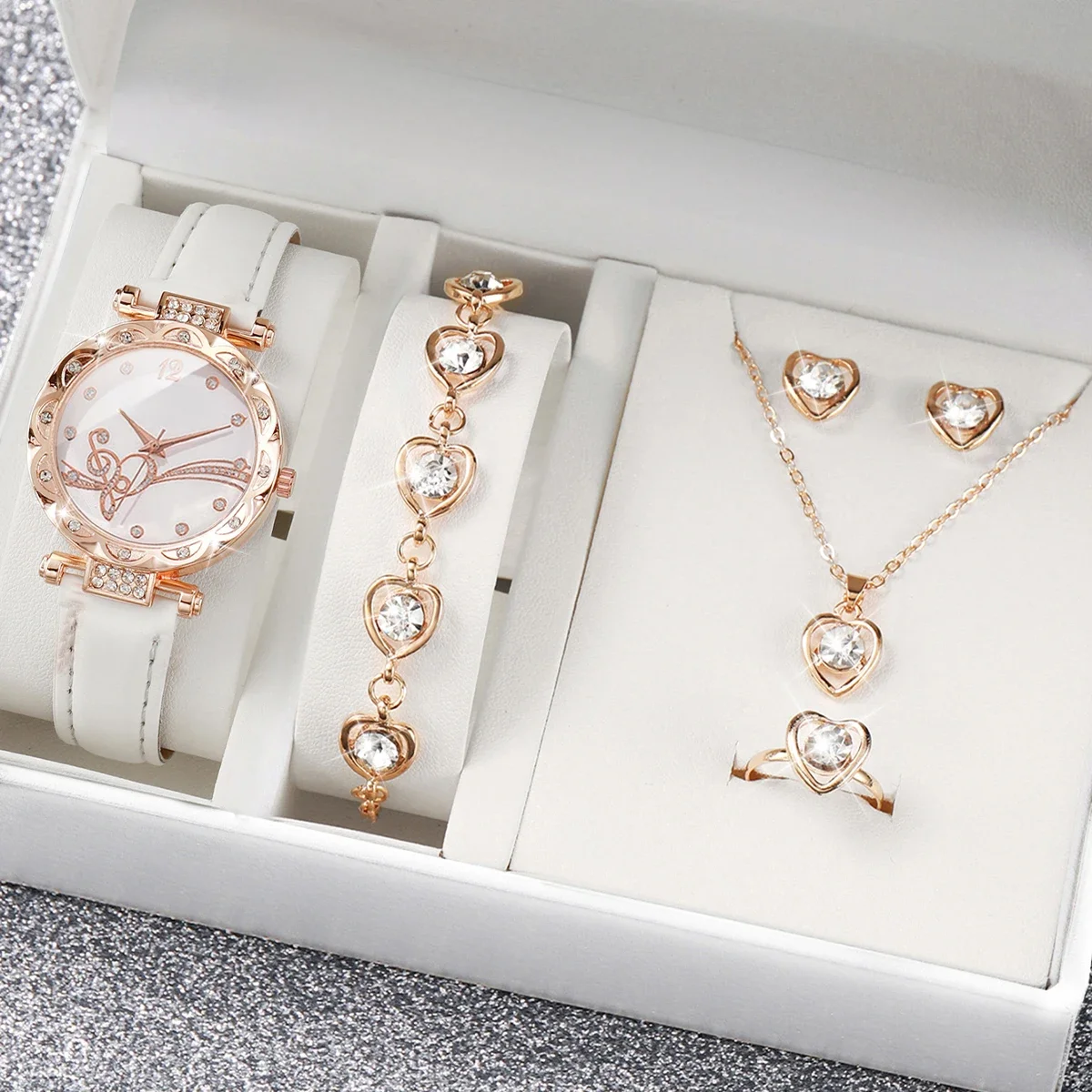 6 sztuk/zestaw moda Rhinestone damski zegarek skórzany pasek analogowe zegarki kwarcowe Rhinestone zestaw biżuterii w kształcie serca (bez pudełka) — zdjęcie 2