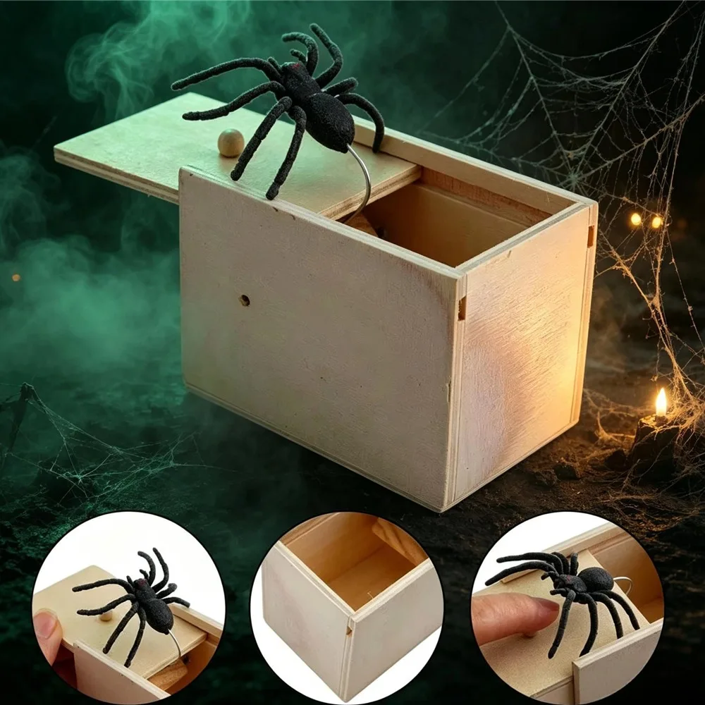 Trick Spider Funny Scare Box Wooden Hidden Box Quality Prank Wooden Scare Box Fun Game Prank Trick Friend Office Toys