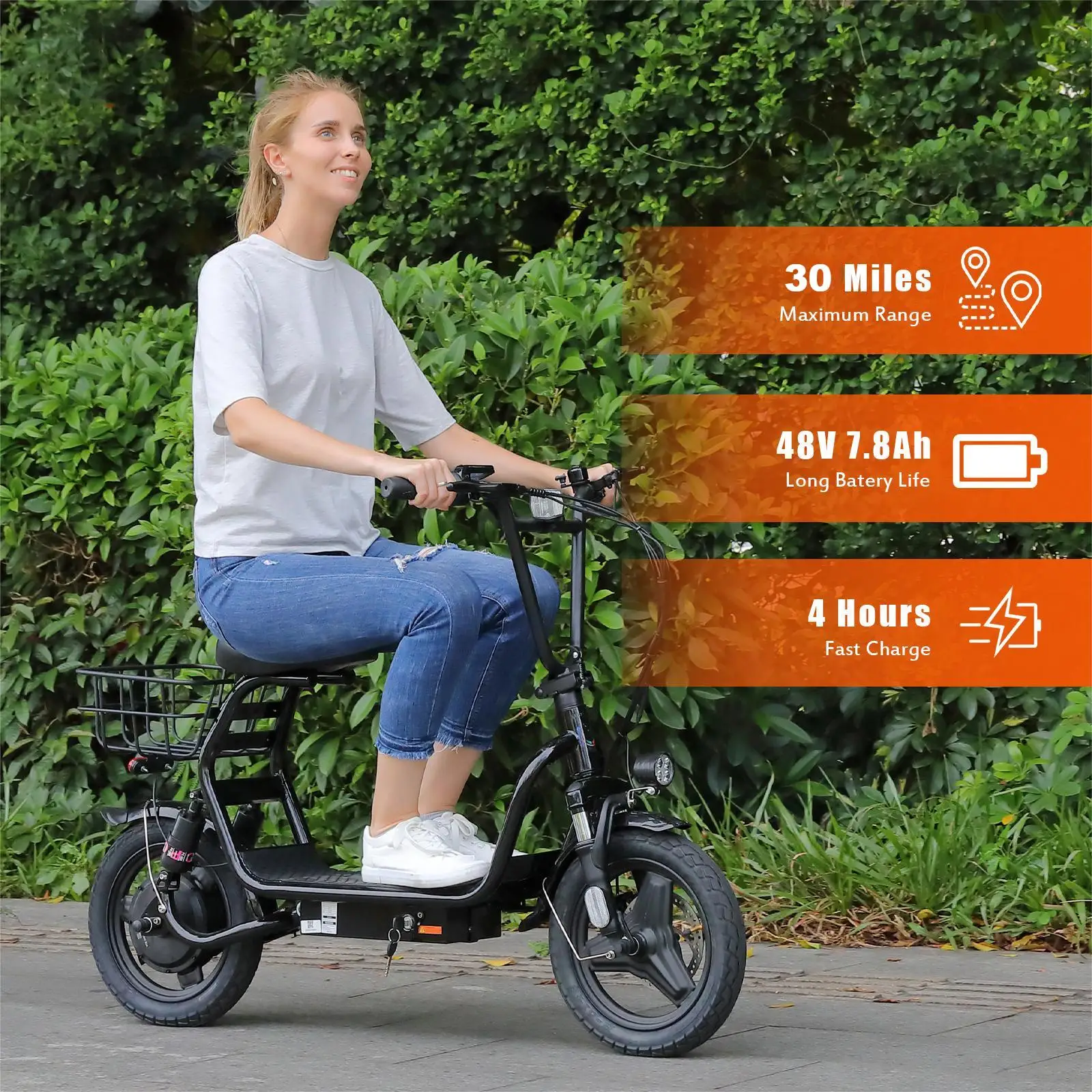 

Электрический самокат с сиденьем, 14 дюймов, толстая шина, 750 Втч, 40 ми, 21 миль в час, складная корзина для взрослых, 120 кг, амортизатор