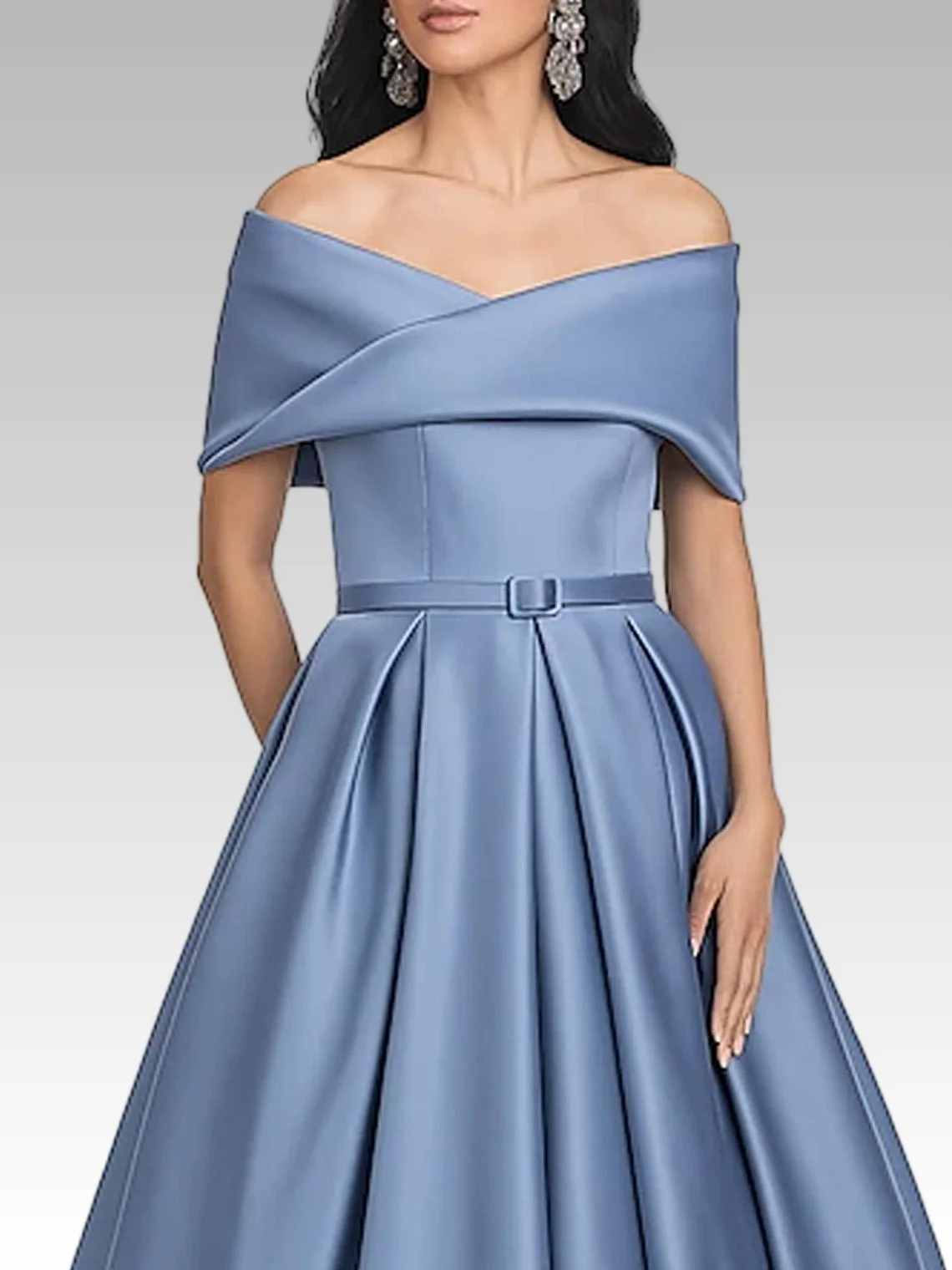 Aライン オフショルダー 半袖 サテン フロアレングス フリル イブニングドレス 結婚式のゲスト プロムドレス 2025 無料カスタマイズ