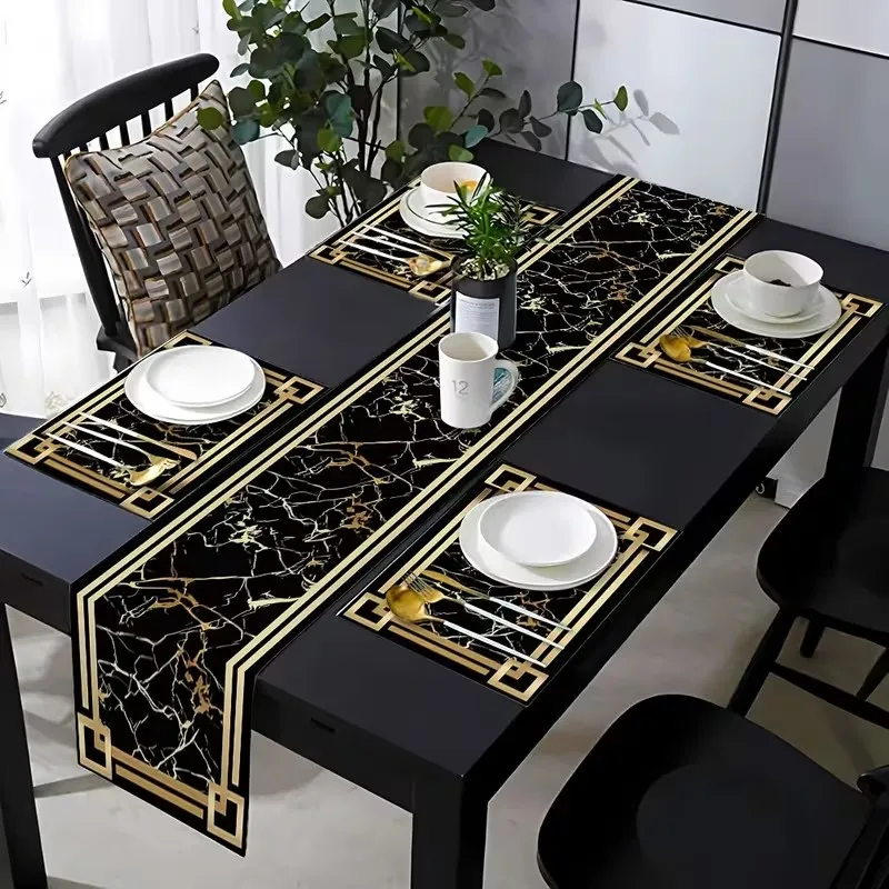 Black Golden Marble Linen Table Runner Dresser Scarf Table Decor Reusable Kitchen Dining Table Runners Holiday Home Party Decor
