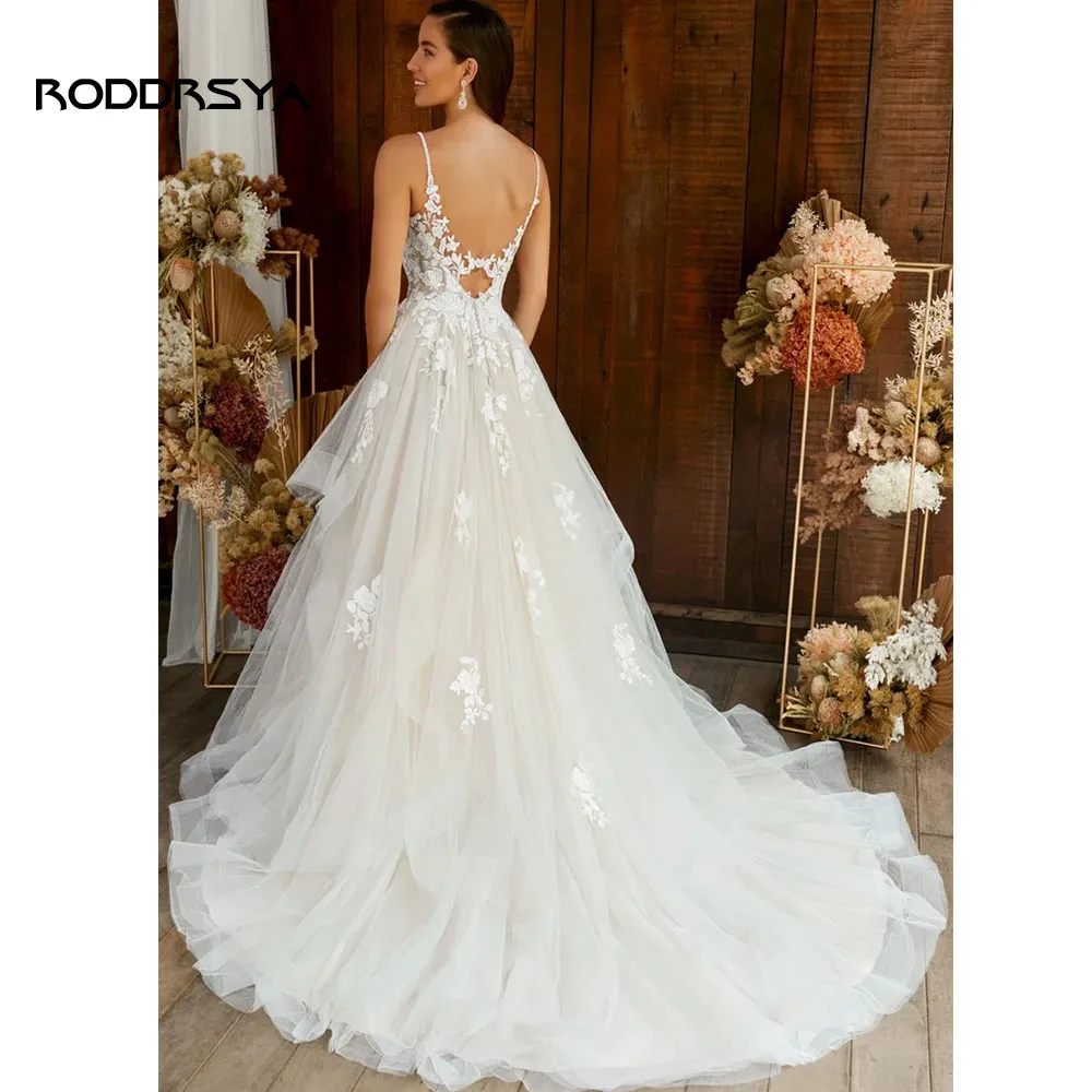 RODDRSYA gaun pernikahan elegan Boho 2024 V-Neck A-Line renda berjenjang untuk wanita applique gaun pengantin punggung terbuka Vestidos De Novia