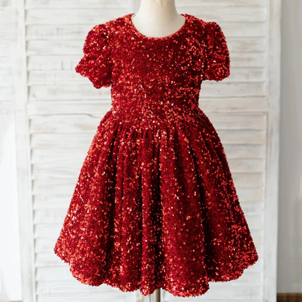 A-Line Velvet Sequin Flower Girl Dresses Short Sleeves O-Neck Baby Festival Party Zipper Gowns for Wedding Children Custom