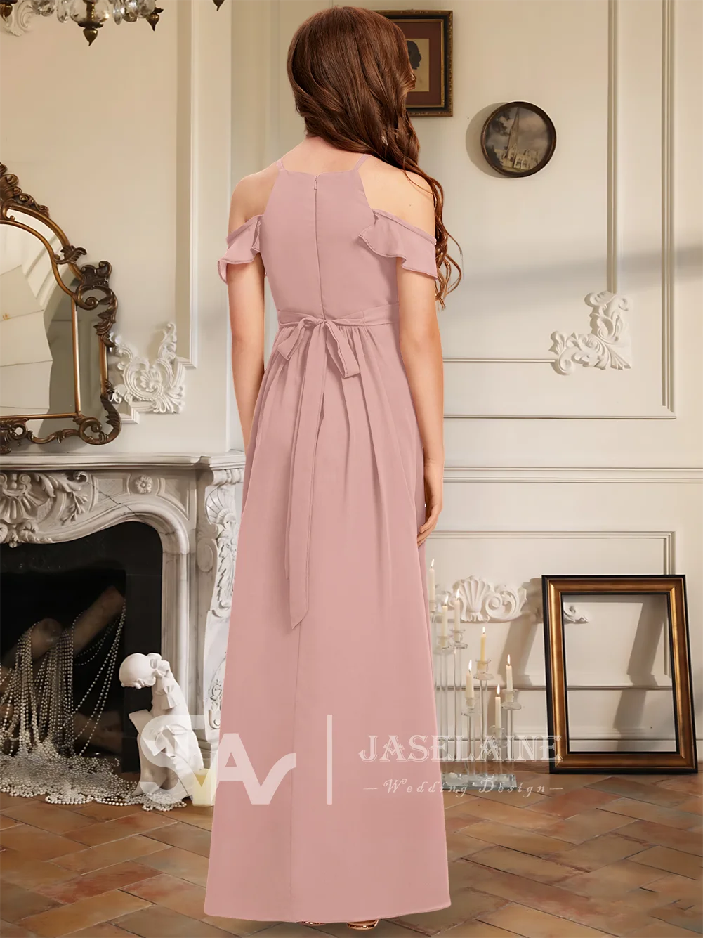 Темно-синее шифоновое платье трапециевидной формы с лямкой на шее длиной до пола, платье подружки невесты без рукавов с молнией сзади, платье с цветочным узором для девочек, торжественное свадебное платье