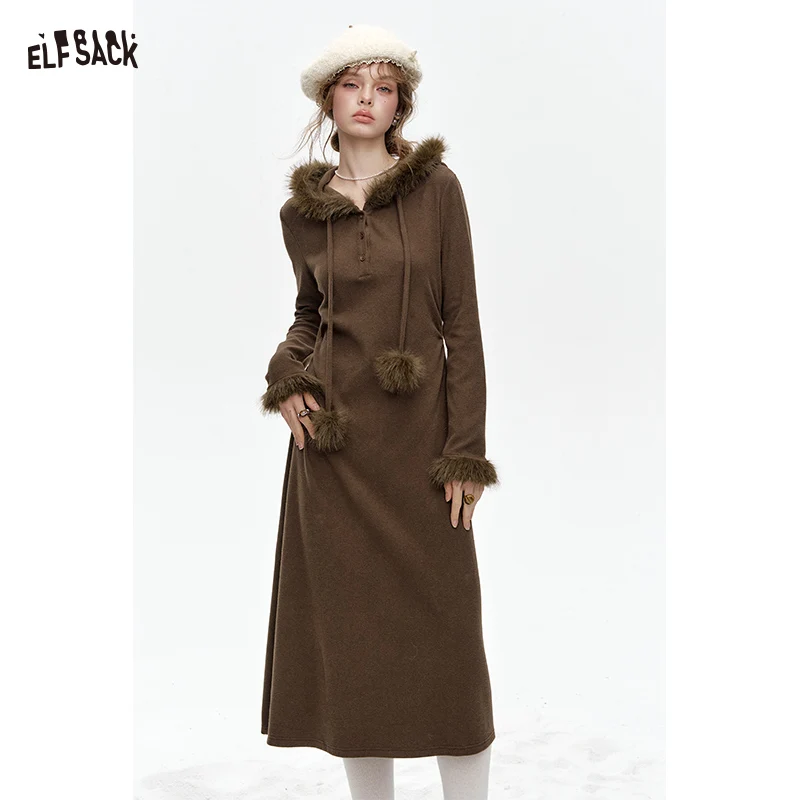 

ELFSACK 2024 Winter New Arrivals Faux Plush Stitching Hooded Knitted Slim Fit Solid Color Long Dress Women