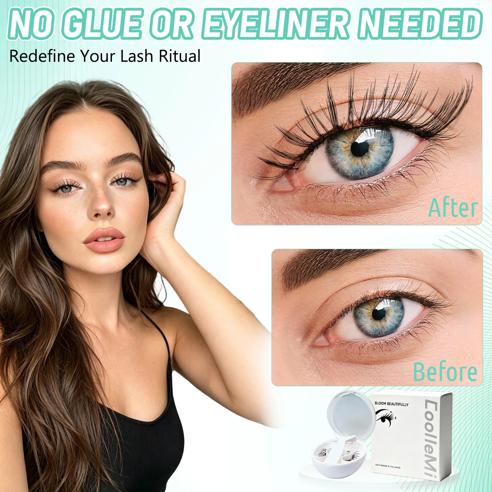 Brown Magnetic Eyelashes with Applicator 2 Pairs 3D Fluffy Soft False Lashes Set No Glue Easy Beginner Cosmetic Eye Makeup Tool
