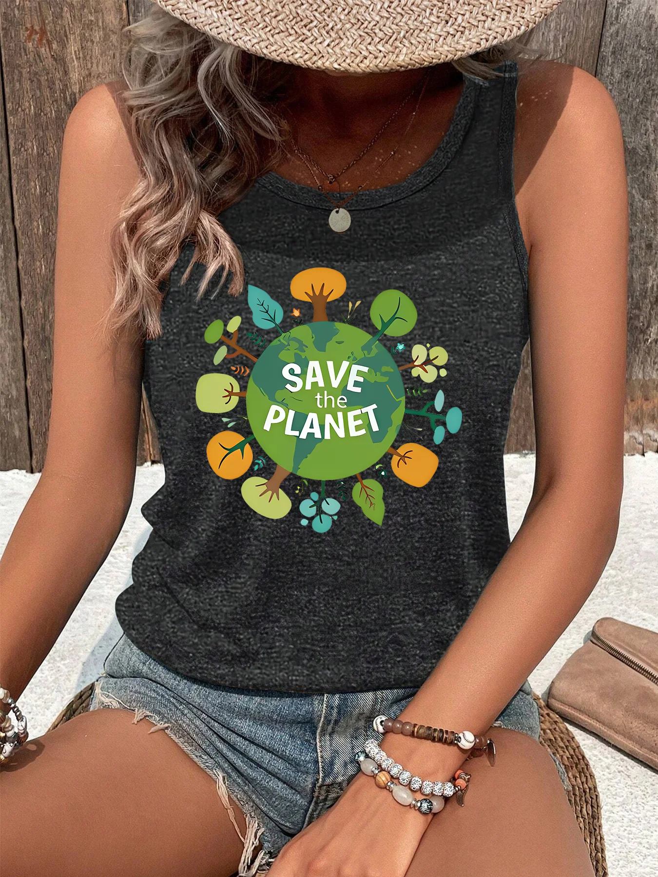 Save The Planet Forest Fashion Funny Sports Women's Tank Top Loose O Neck Sleeveless Casual Tank Top