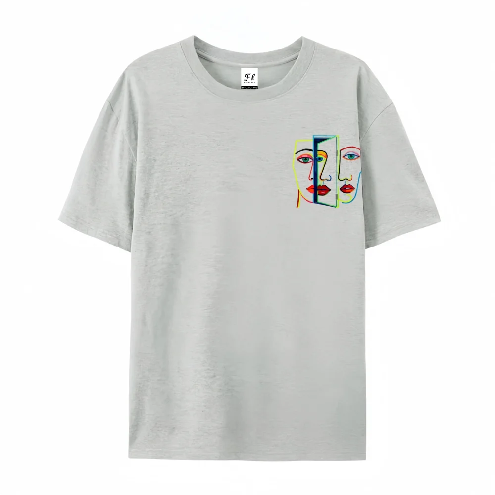 تي شيرت كبير الحجم مطبوع عليه وجه تجريدي فني 100% من القطن يتميز بنمط جيب هندسي إبداعي ونمط مميز