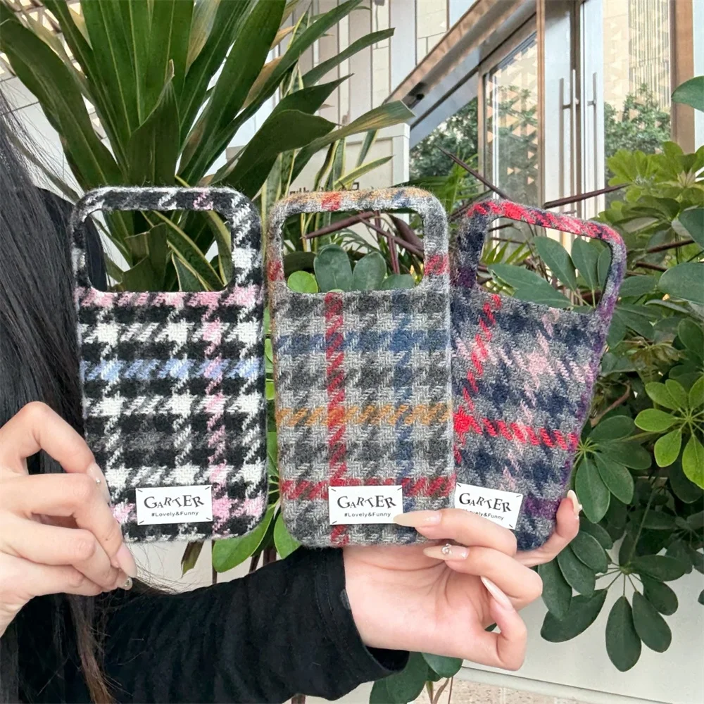 

Stylish fuzzy plaid pattern plush phone case or iPhone 14 15 16 Pro 17 Pro Max cover Korean INS cute Fundas protective cover