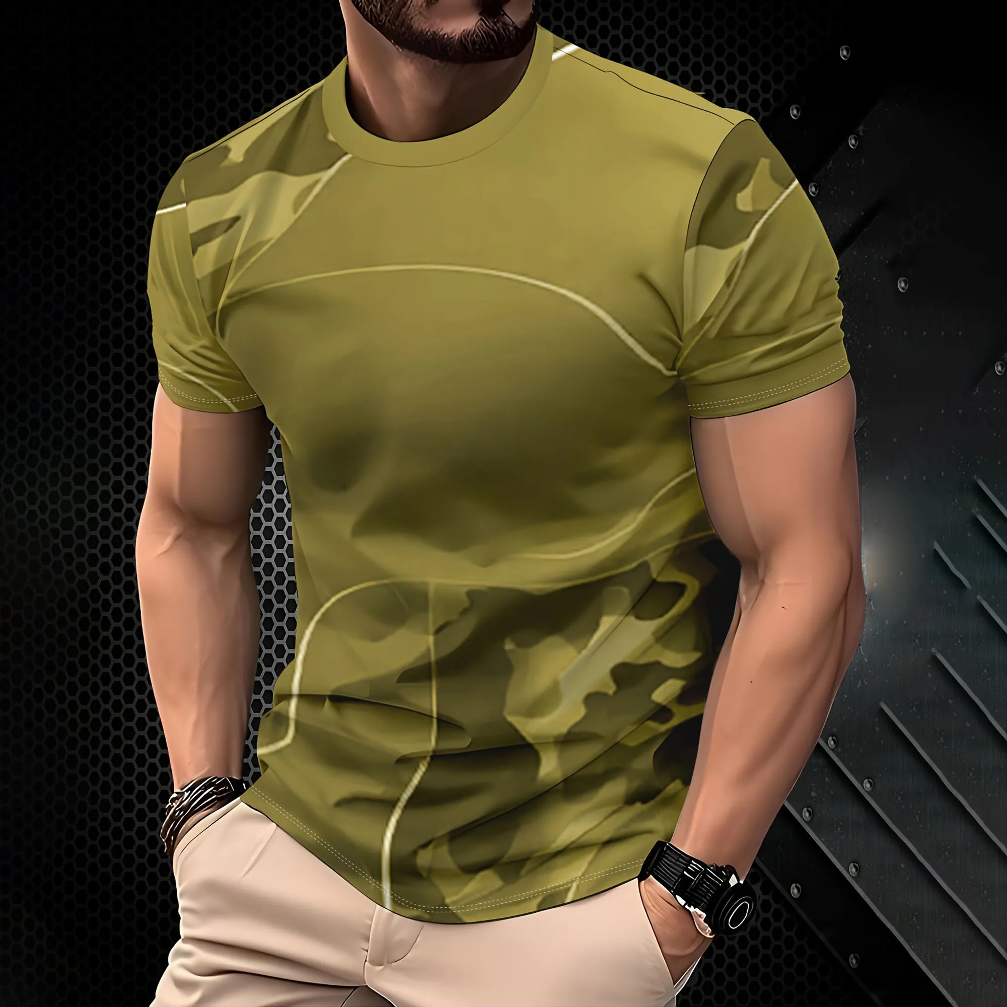 Herren Taktisches Sport-T-Shirt Dunkel-Oliv Camo Curve Line Print Hochelastisch Schnelltrocknend Camping Fitness Kurzarm-Oberteil – Detail 5