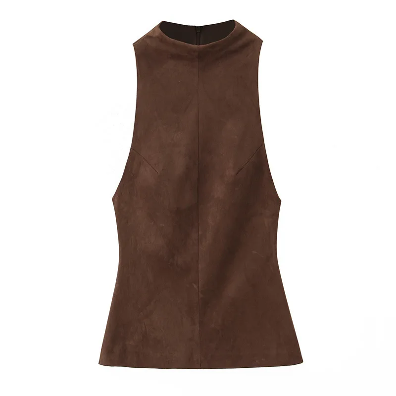 

Autumn Women's Sleeveless Top Reddish-Brown Suede Texture Simple Sexy Elegant Style New Arrivals