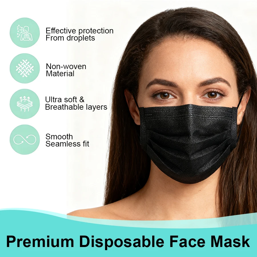 Mascarilla facial negra desechable de 100 piezas: filtración de 3 capas, trabillas cómodas, ideal para ir de compras, deportes, viajes y trabajo