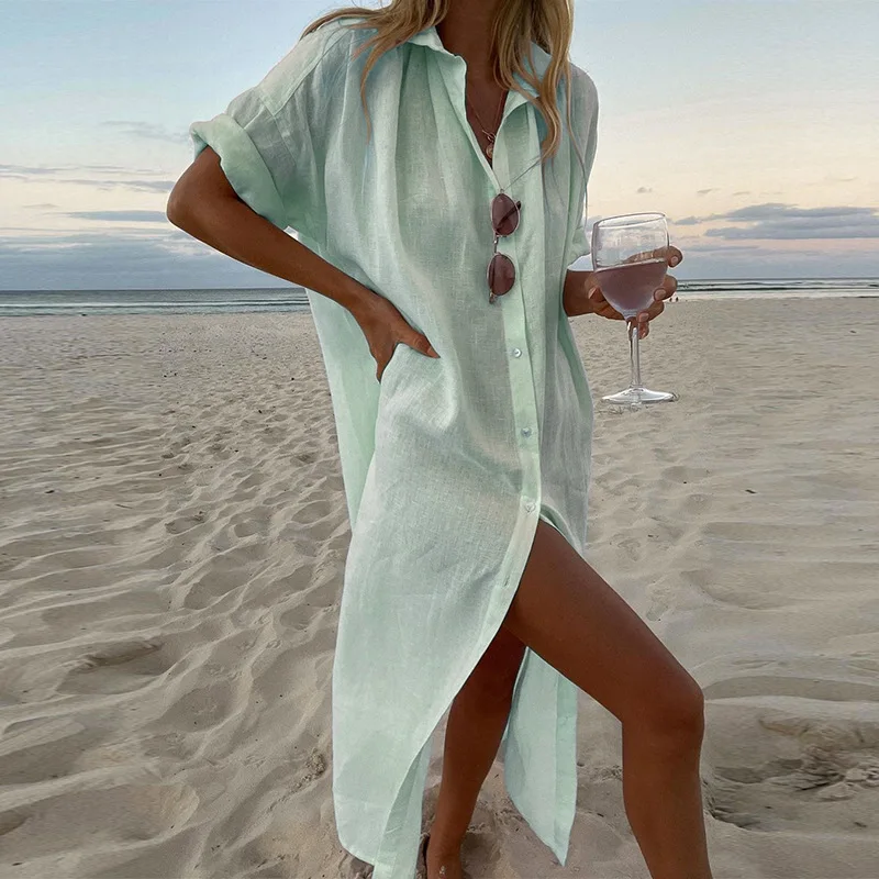 Women White Long Shirt Dresses Turn-down Collar Elegant Loose Streetwear Summer Solid Beach Holiday Casual Female Vestidos