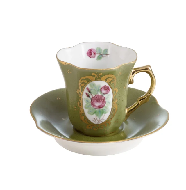 

Coffee Cup, Handmade Cup, Rose Patterned Porcelain Cup, Design Green English Coffee Cup Set Of 2