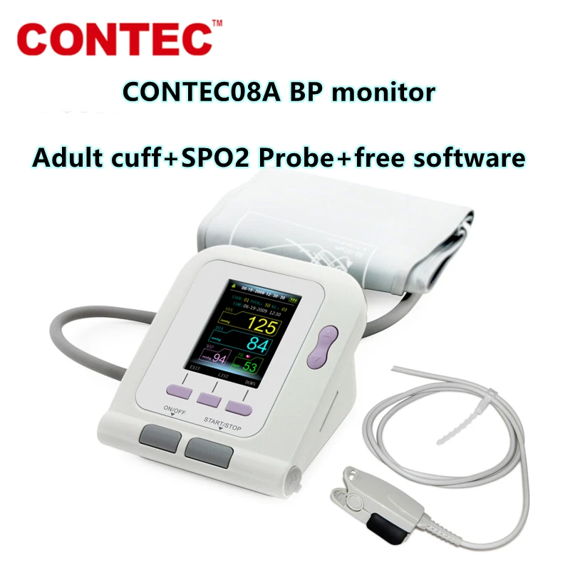 CONTEC08A Electronic Sphygmomanometer with Adult Cuff SPO2 Probe Sensor IBP Monitor Color LCD Screen Alarm