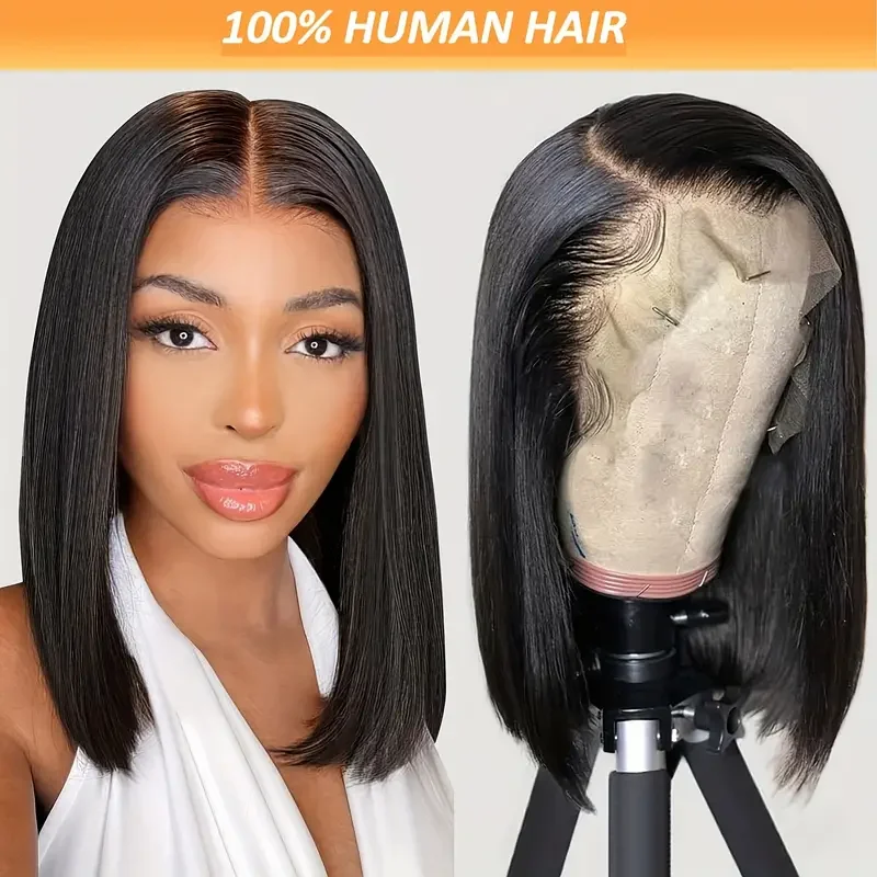 Wig rambut manusia Frontal 13X4 transparan renda Wig Bob lurus hitam alami sebelum dipetik rambut manusia Brasil kepadatan 200