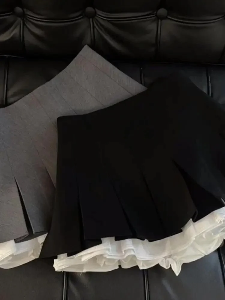Y2K Ruffles Black Mini Skirt Women Korean Patchwork Pleated Skirts Japanese Kawaii High Waist All Match A Line Skirt New — zdjęcie 2