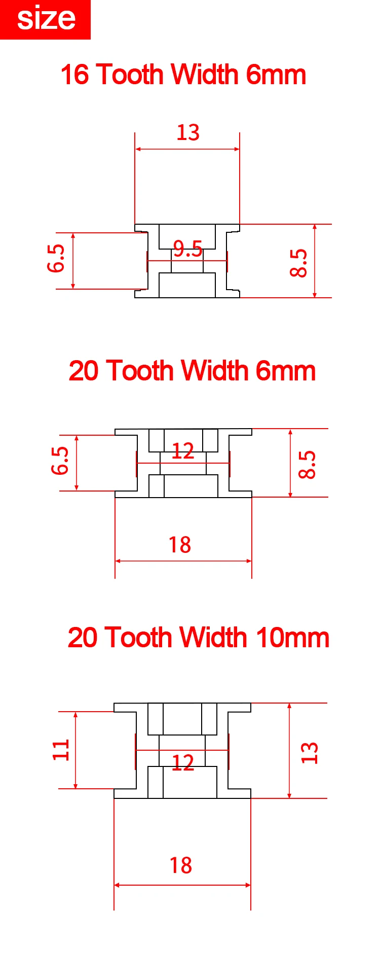 GT2 Typ Passives Synchronrad 16/20 Zähne Aluminium Zahnriemenscheibe für 3D-Drucker Zahnrad-Umlenkrolle Breite 6mm/10mm – Detail 2