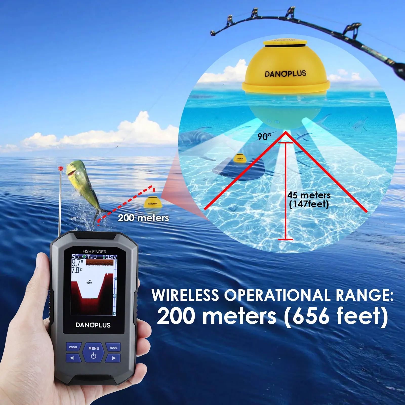 Imagem -03 - Inventor de Peixes sem Fio Sonar Sensor 125khz Freqüência 45 Metros 147 Pés Profundidade Função Alarme e Grande Display Lcd