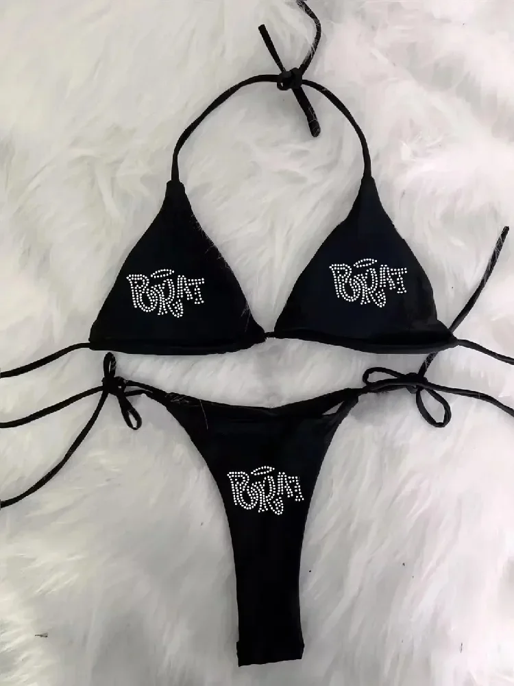 2000s Woman Punk New Beach Swimwear gotyckie ubrania BRAT Rhinestone drukowanie Grunge Strój kąpielowy Bikini Y2K Kostiumy kąpielowe Lace Up ﻿ — zdjęcie 2