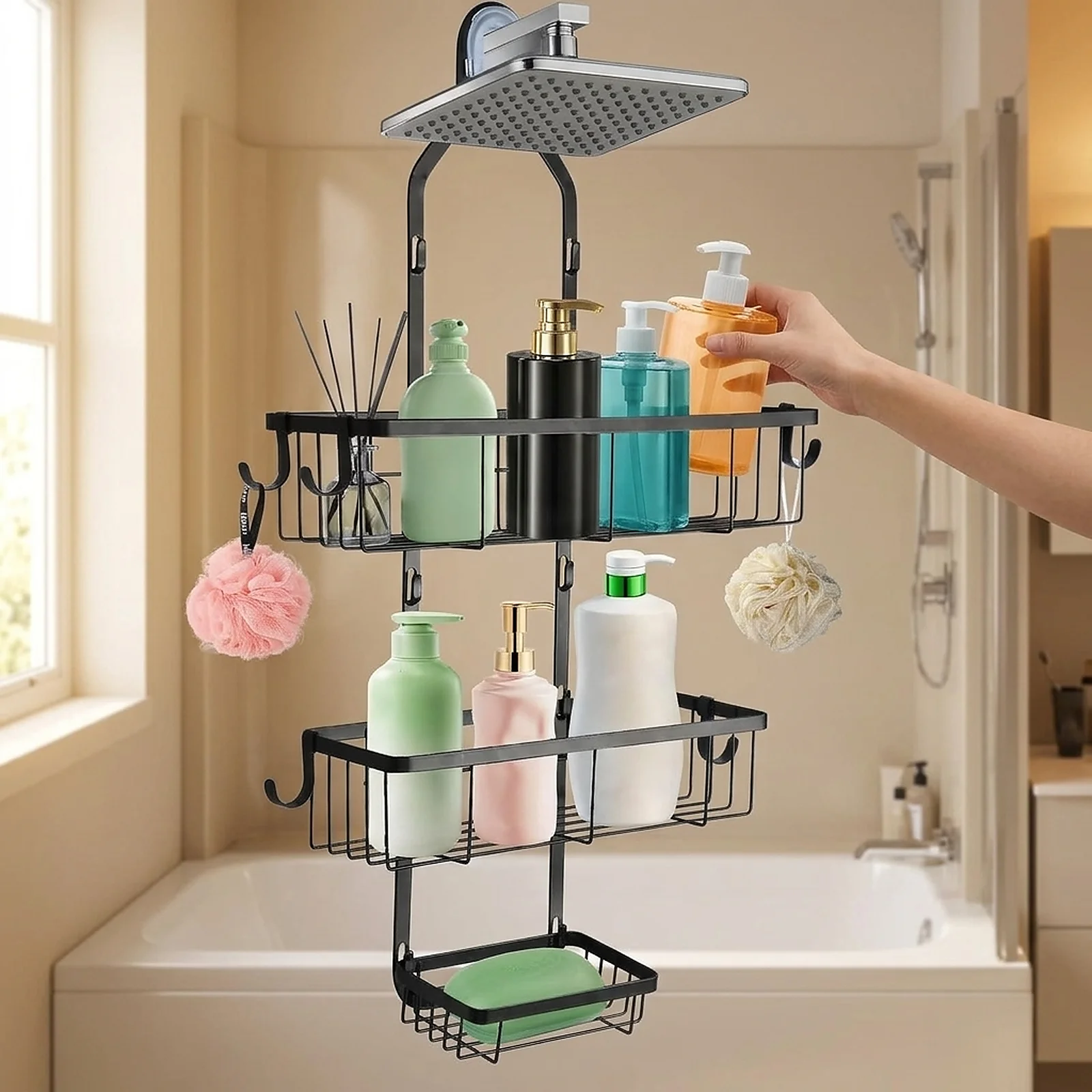 SURUIHK  Matte Black 3 Tier Hanging Shower Caddy, Adjustable Over Shower Head Organizer With Hooks