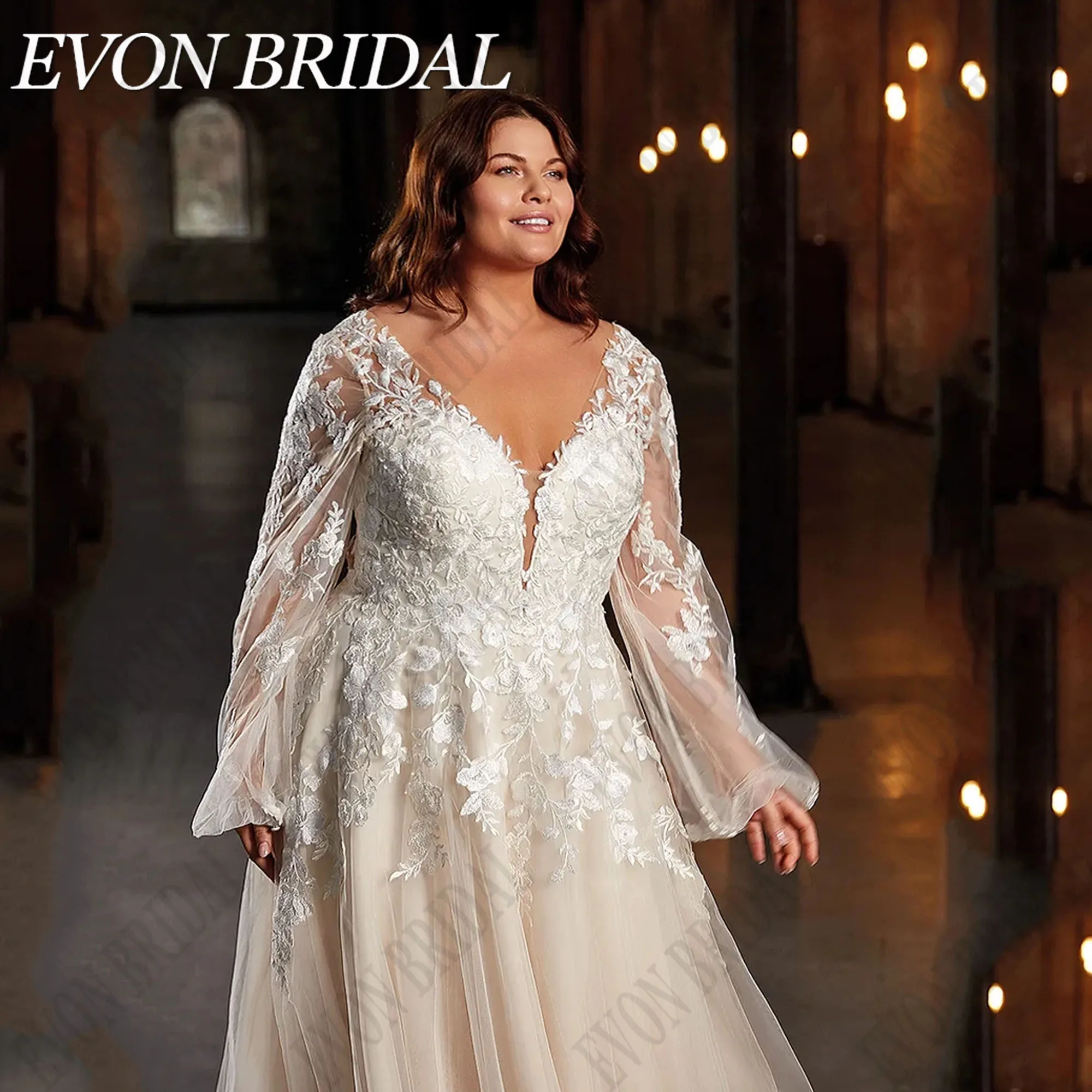 EVON BRIDAL Wedding Dress Plus Size Woman V-Neck Puff Sleeves Applique A-Line Backless Light Champagne Lace Elegant Bride Gowns