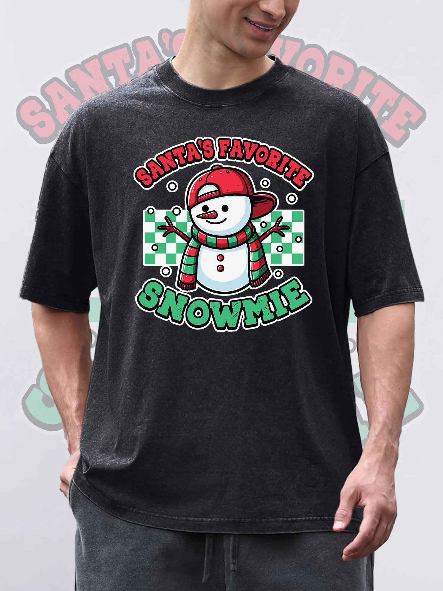 

Men's T-Shirts SNOWMIE Printed Black Short-Sleeved Round Neck 100% Pure Cotton Acid Wash Suitable For Christmas