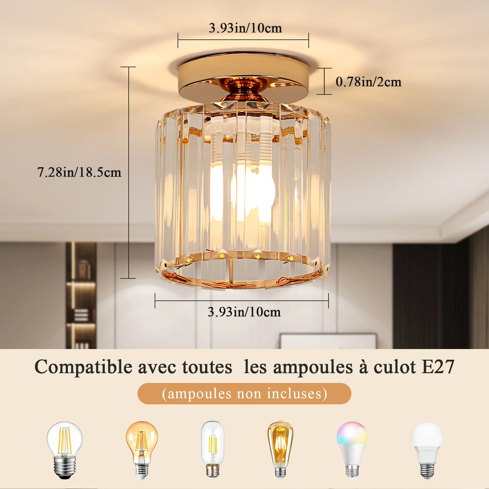 مصباح سقف كريستالي، ذهبي، تركيبات إضاءة سقف مثبتة على السطح من الكروم لمقبس لمبة الردهة E27 (اللمبة غير متضمنة) #2