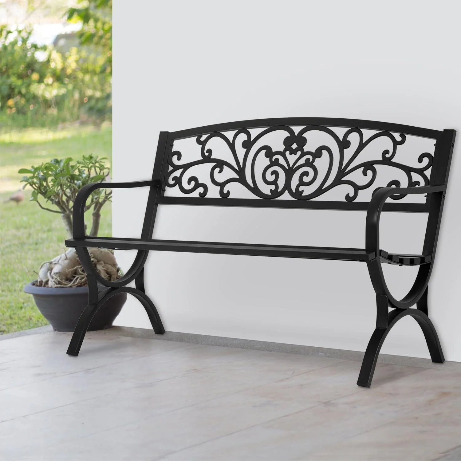

Black Outdoor Metal Loveseat Chairs Patio Garden Bench 50-inch Slatted Seat Armrests Floral Design Plastics Backres