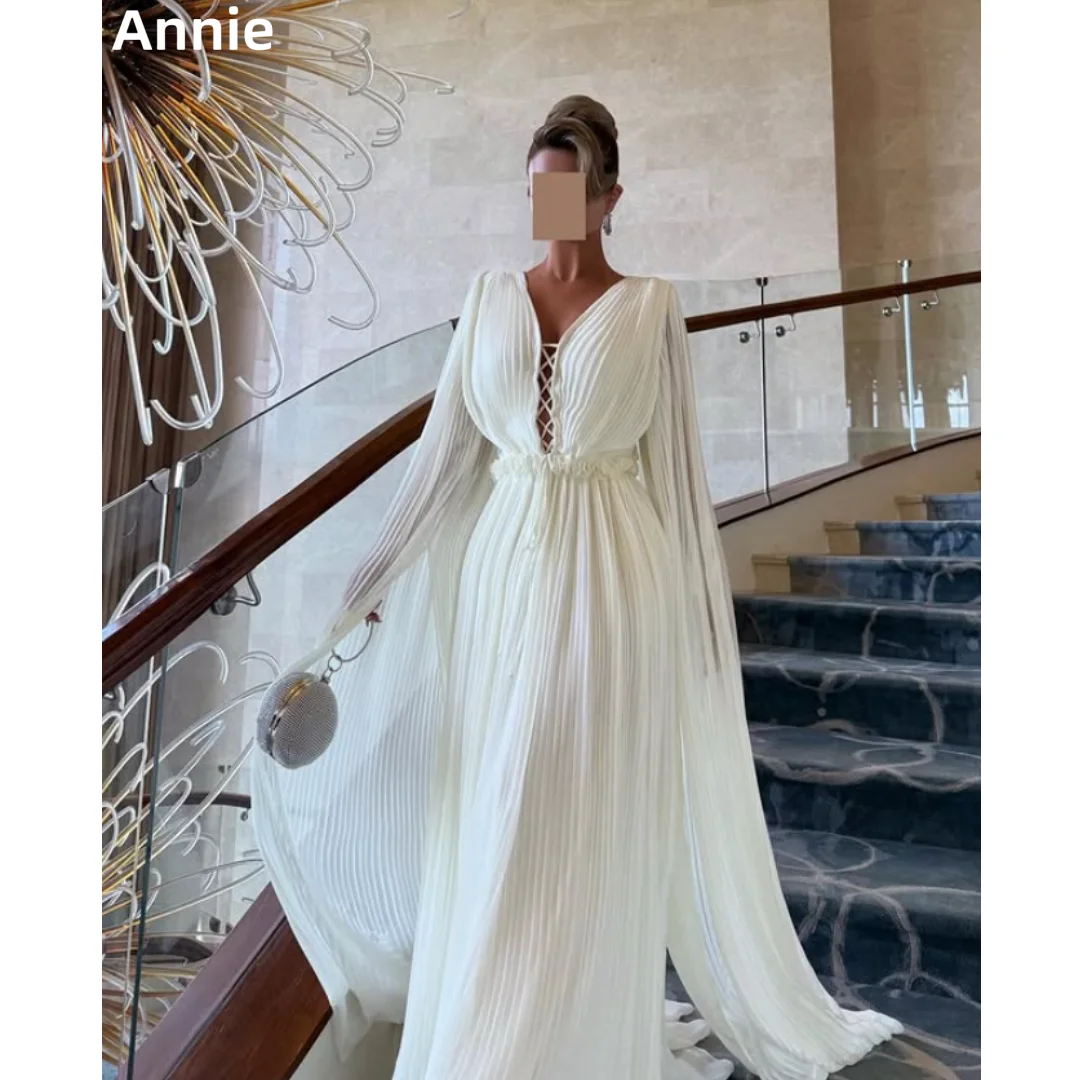 

Annie Белые платья для выпускного вечера с шалью Шифоновые плиссированные элегантные женские вечерние платья трапециевидной формы Вечерние платья для торжественных случаев