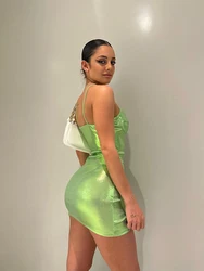 Sukienki damskie letnie New Fashion Clubwear z okrągłym dekoltem Sexy Bodycon damska sukienka z fluorescencyjny zielony paskiem sweter obcisła sukienka Mini sukienki