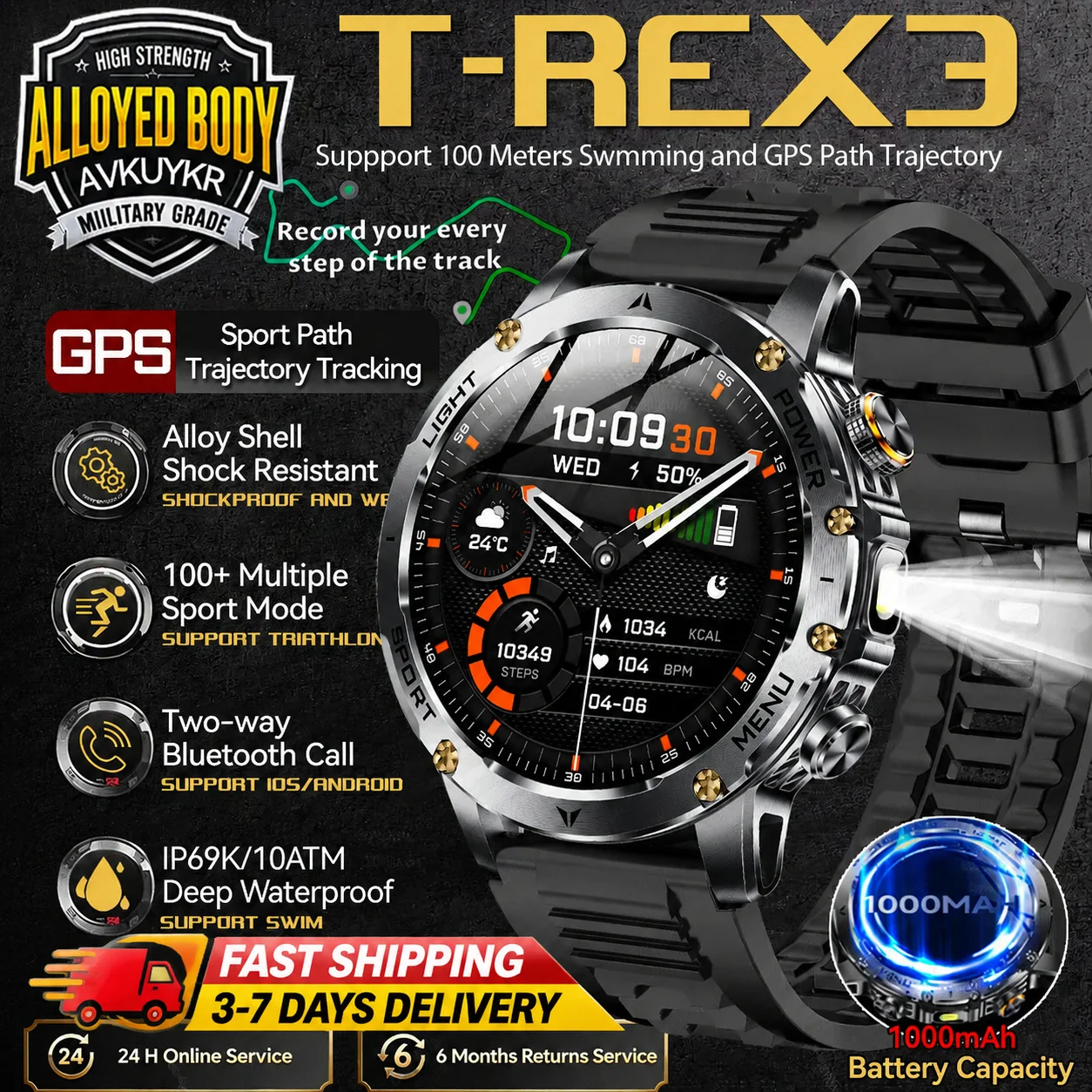 GUHUAVMI 2026 Nouvelle montre connectée AK87 pour hommes, montre avec appels Bluetooth, écran tactile HD de 1,7 pouces, batterie longue durée de 1000 mAh, tracker d'activité étanche IP68, moniteur de fréquence cardiaque SpO2 et de sommeil, plus de 100 modes sportifs, assistant vocal, rappel de messages pour Android iOS, application