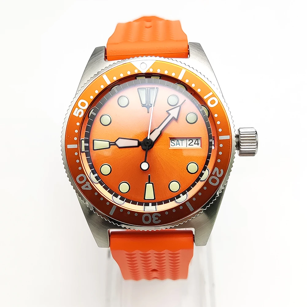 Zegarek męski automatyczny mechaniczny japonia NH36 Luminous Sapphire wodoodporny szczotkowany zegarek ze stali nierdzewnej Fashion Orange