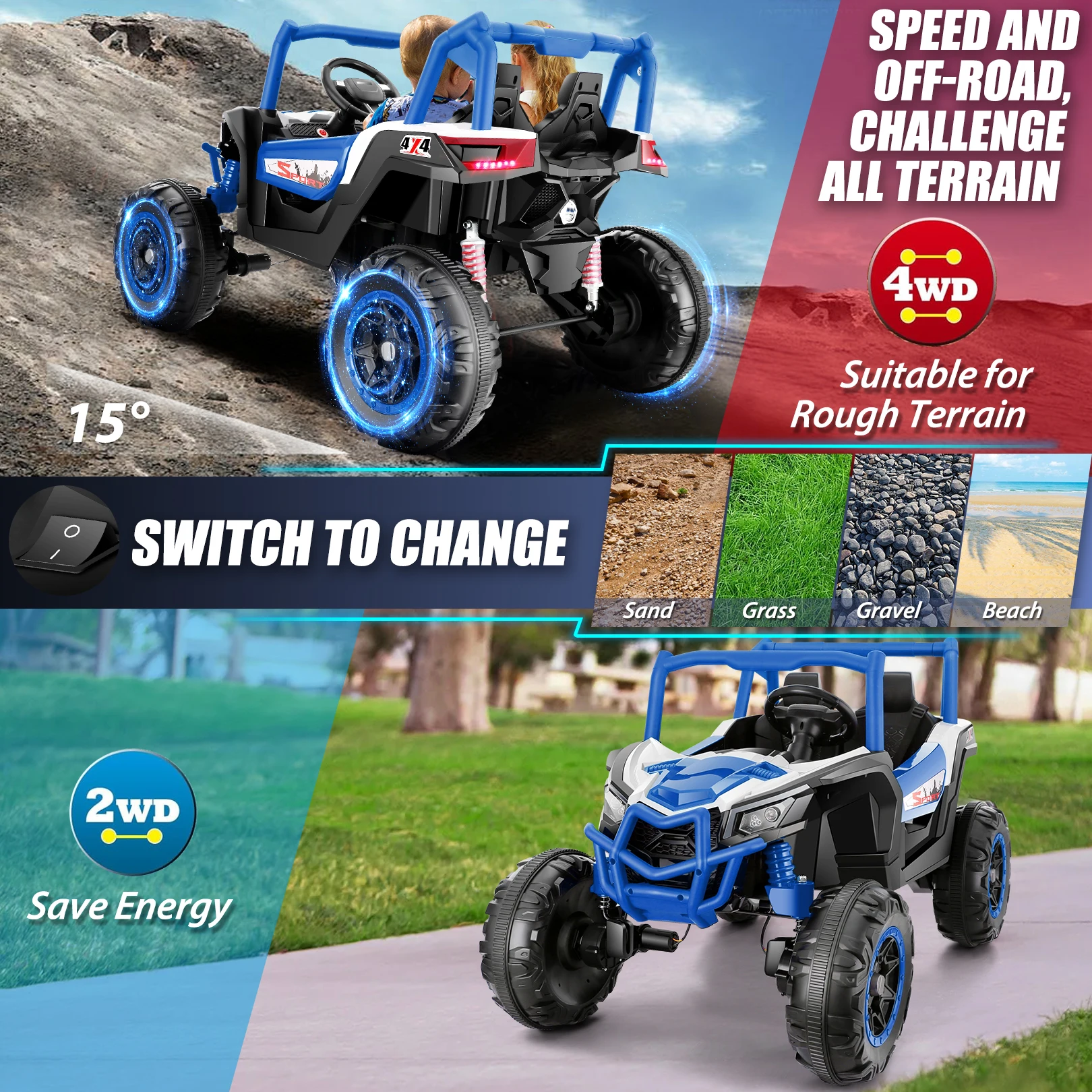 4WD 24V Ride on Toys 2 XL Seater Kids Ride on Cars, motore 4*200W, fuoristrada elettrico UTV 7AH veicolo a 4 ruote alimentato a batteria