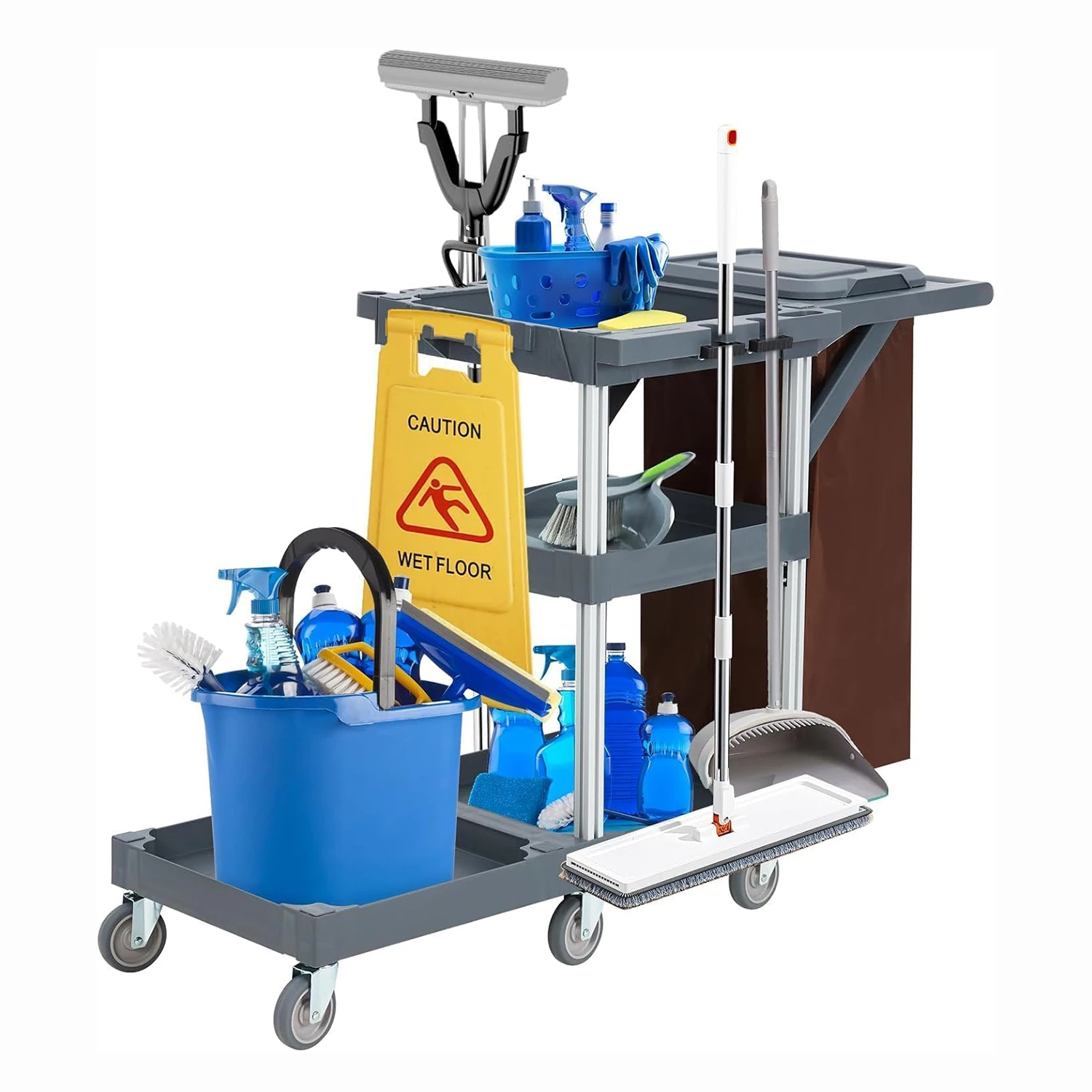 Carro de Limpieza Comercial para Limpieza de Edificios, Carro Utilitario de 3 Estantes con Ruedas, Bolsa de Vinilo, Cubierta y Caddy para Hoteles, Escuelas, Hospitales y Restaurantes