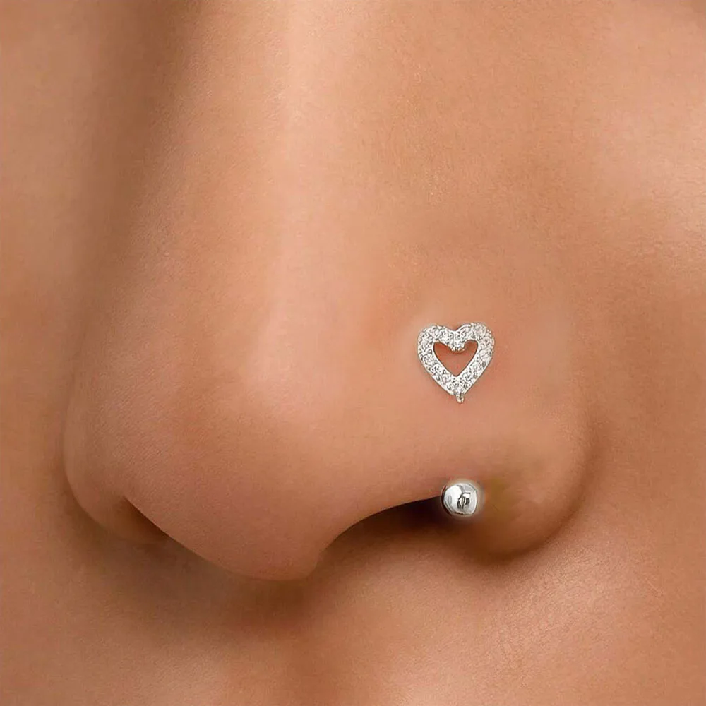 1 Stück Zirkon herzförmiger Nasenring, 14 Karat vergoldeter Edelstahl-Piercing-Schmuck für Frauen, Alltagskleidung, Körperpiercing-Zubehör – Detail 2