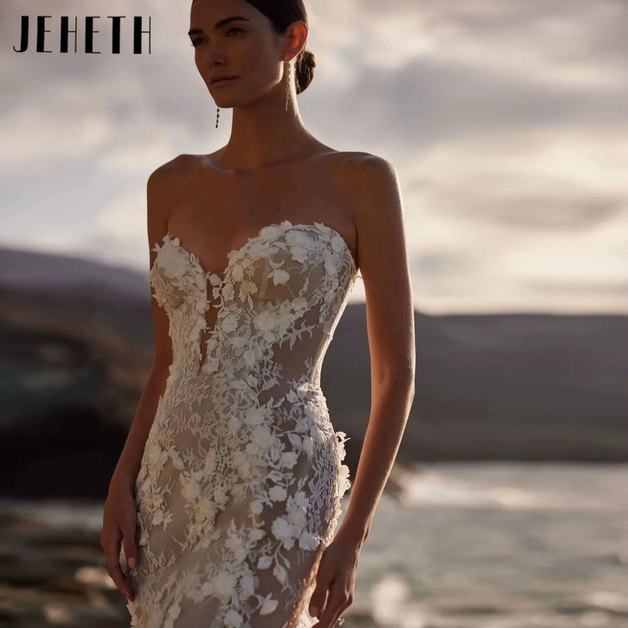 魅力的なレース 3D フラワーウェディングドレスセクシーな V ネックマーメイドロングブライダルドレス優雅なドレス結婚式のためのカスタマイズ