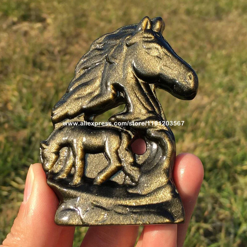 Natural Silver Gold Sheen Obsidian Horse Slice Ornament Decor Beautiful Carved Quartz Crystal Spirit Animal Figure Birthday Gift