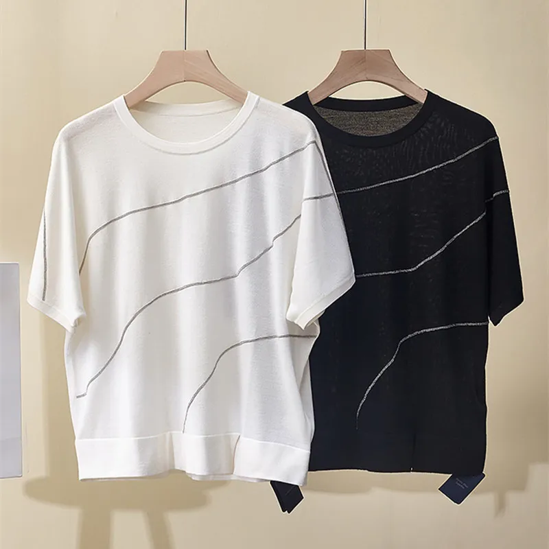 

Women's Summer New Casual All-match Bead Chain Silk Wool Short-sleeved T-shirt