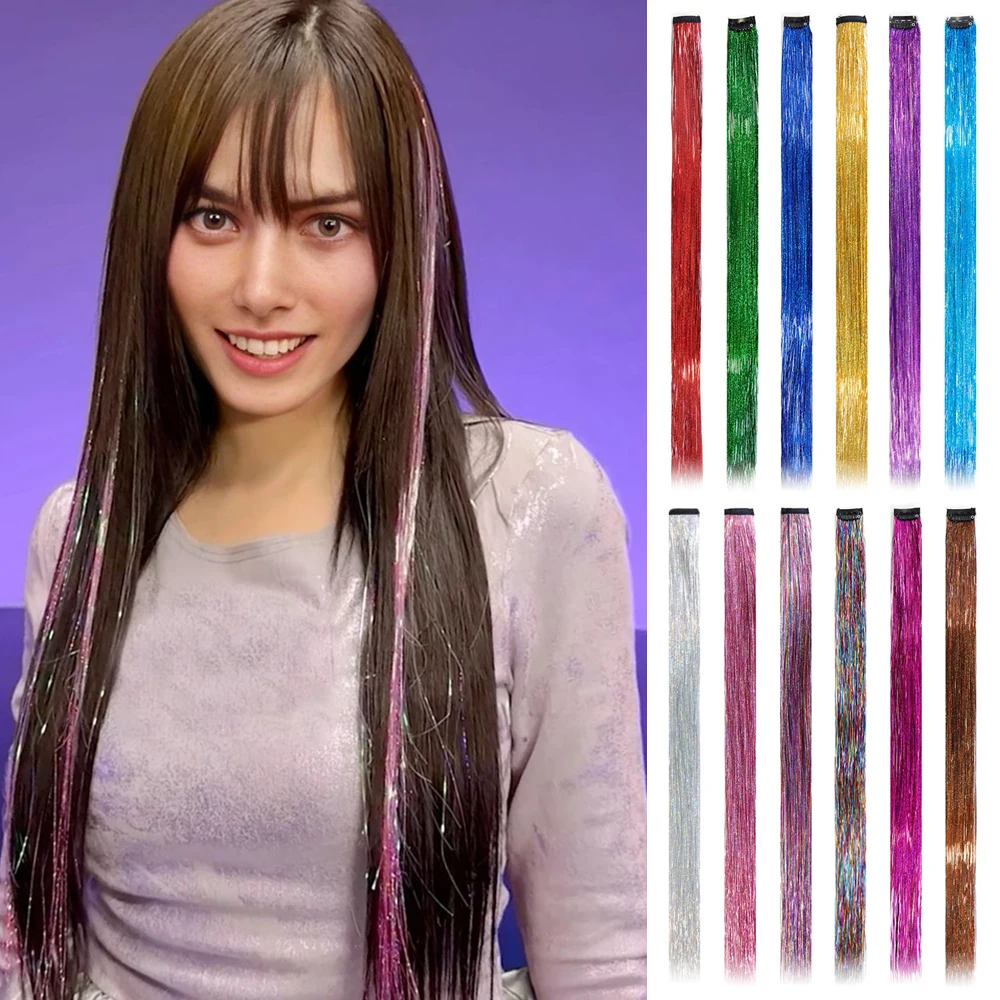 Sparkling Tinsel Silver Clip In Hair Tinsel, Fairy Hair Tinsel Kit Glitter Colorful Clip On Tinsel Hair Extensions For Girls Hai