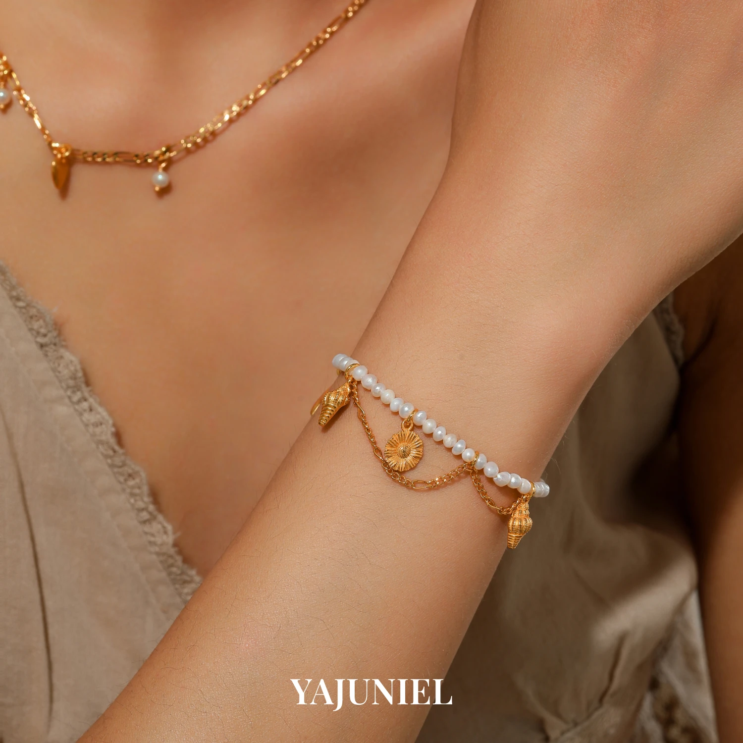 

YAJUNIEL Elegant Natural Freshwater Pearl Bracelet for Women with Starfish Seashell Charms 24K Real Gold Plated Jewelry Gift