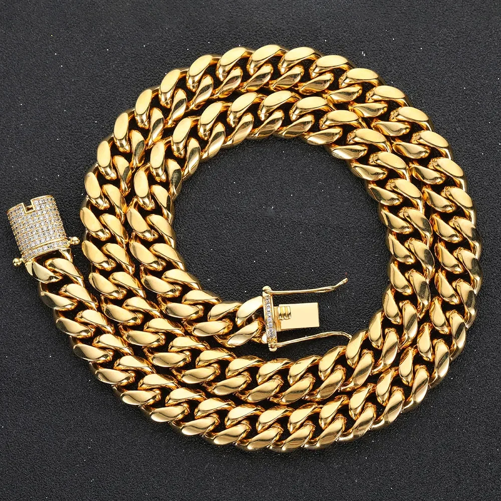 Drop Shipping Hip Hop Trzy razy platerowana biżuteria ze stali nierdzewnej Bling Iced Miami Cuban Link Chain Naszyjnik dla mężczyzn — zdjęcie 2