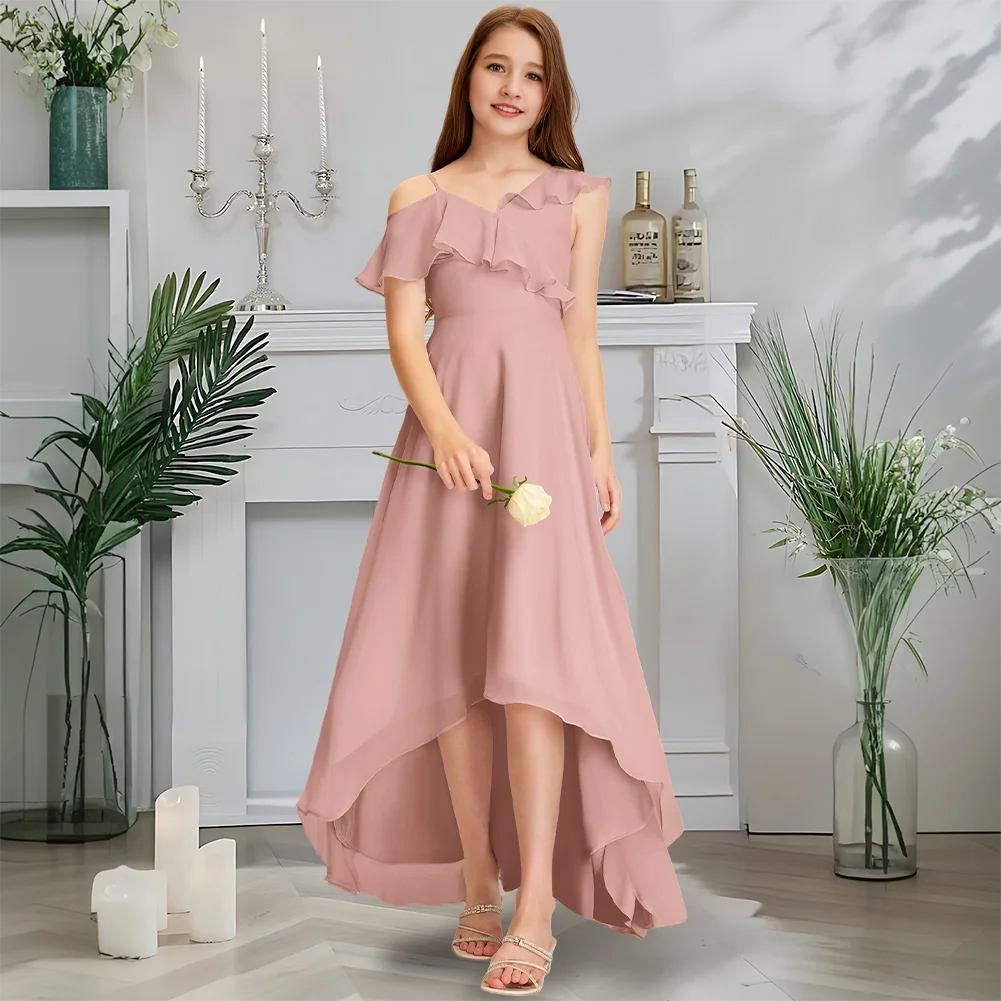 

Luxurious Asymmetrical Junior Bridesmaid Dress Dusty Lavender Flower Girl Dress Chiffon Cascading Ruffles Garden Gala Wedding
