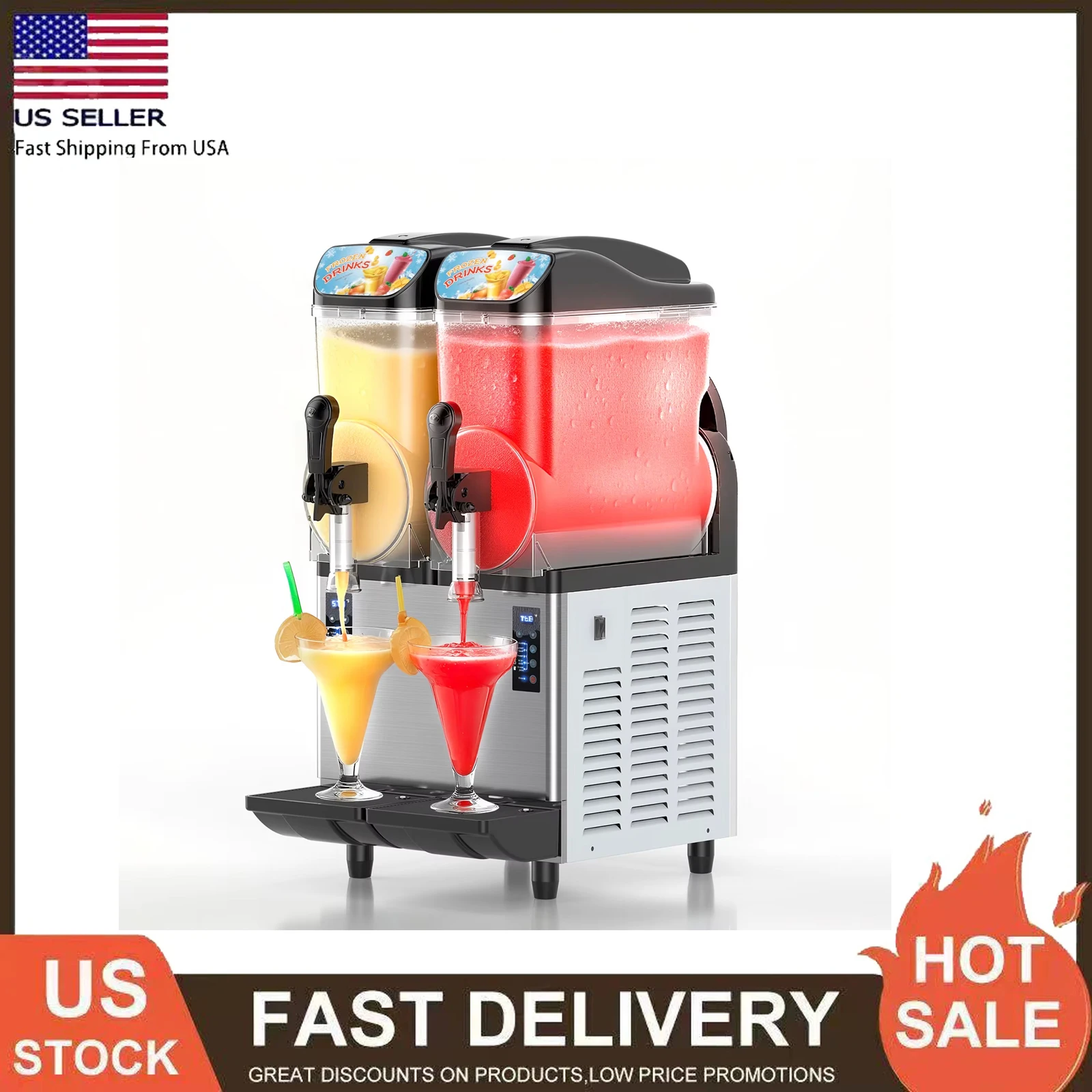 8 Gal/30 L kommerzielle Slushy-Maschine mit LED-Licht, 15 l × 2 Tanks, kommerzielle Frozen-Drink-Maschine, 110 V Margarita Slushie-Maker