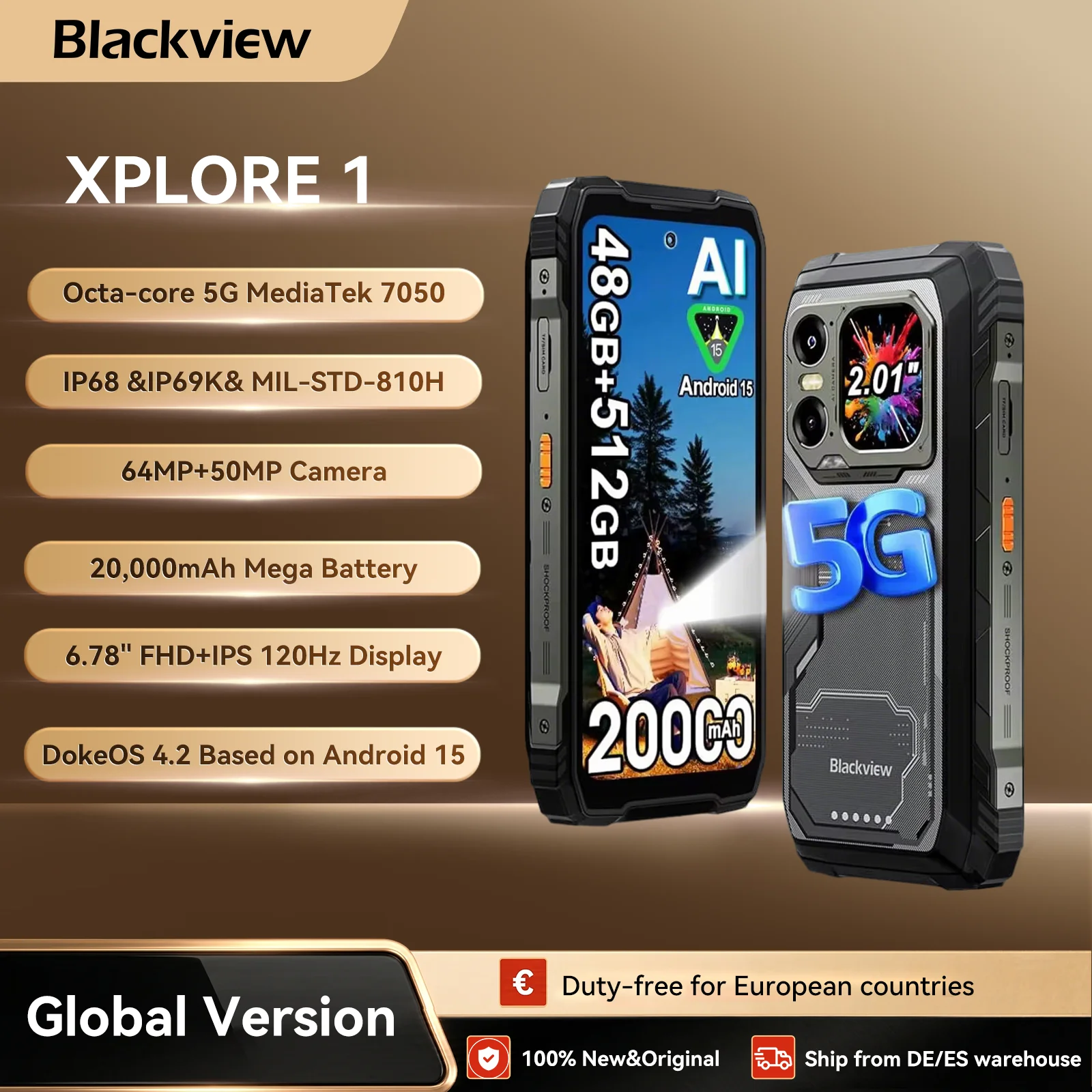 Blackview XPLORE 1 Smartphone robuste et triplement protégé, 5G étanche pour l'extérieur Android 15, écran 2.4K de 6.78'', 256 Go/512 Go, 20000 mAh