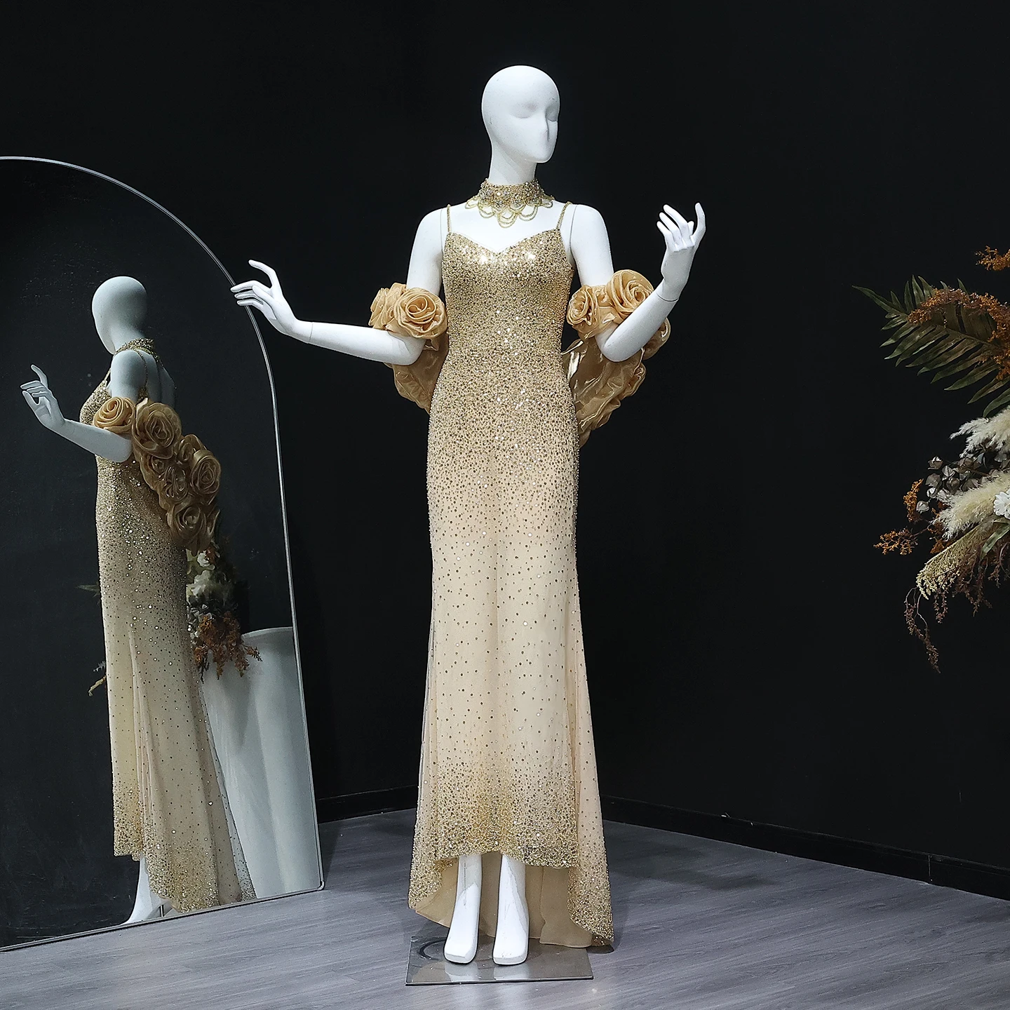 

Sharon Said Elegant 3D Flowers Gold Chocker Dubai Evening Dress with Cape Luxury for Arabic Women Wedding Party SS718 Customized