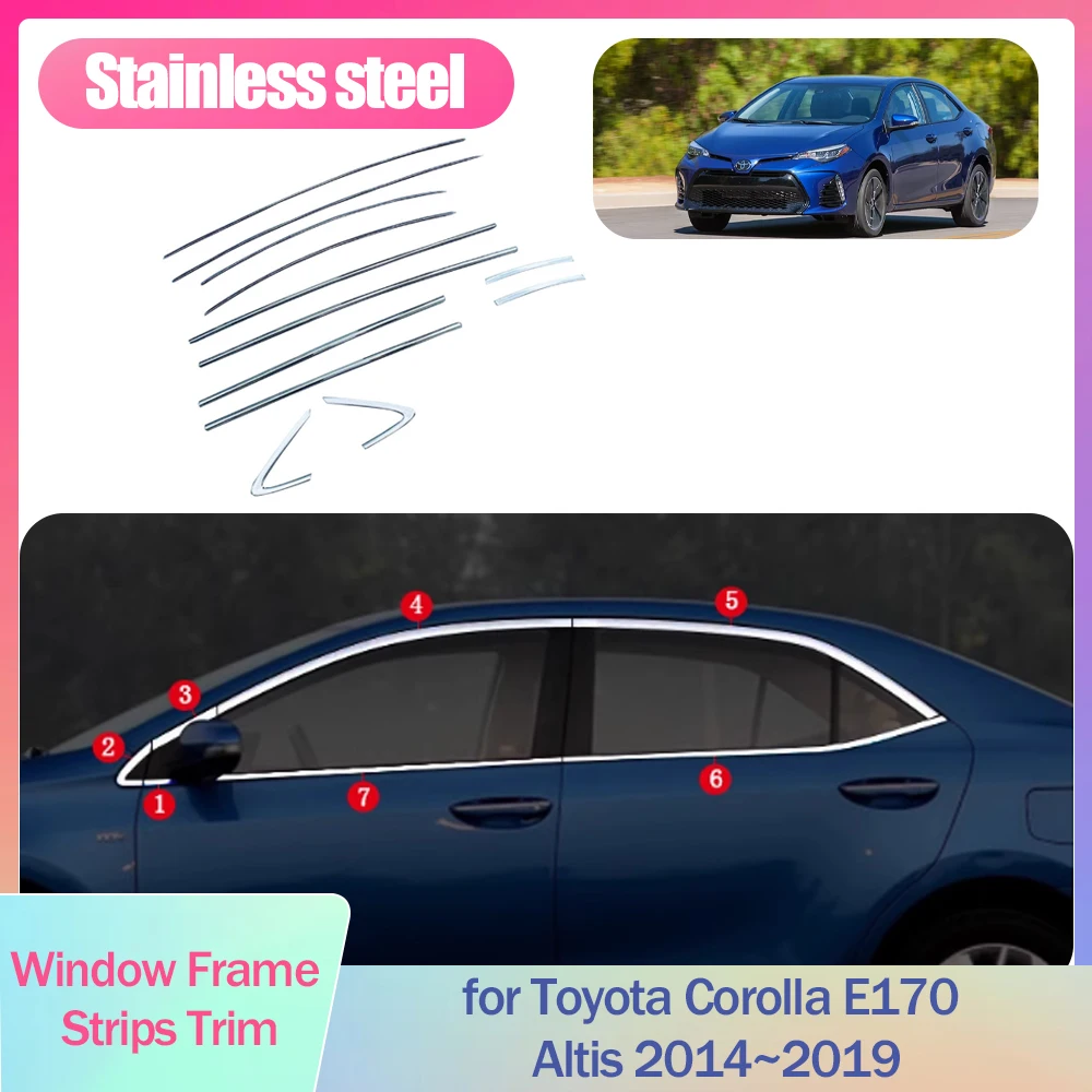 Full Window Frame Strips Trim for Toyota Corolla E170 Altis 2014~2019 Cover Silver Stainless Steel Car Styling Sticke Accessorie