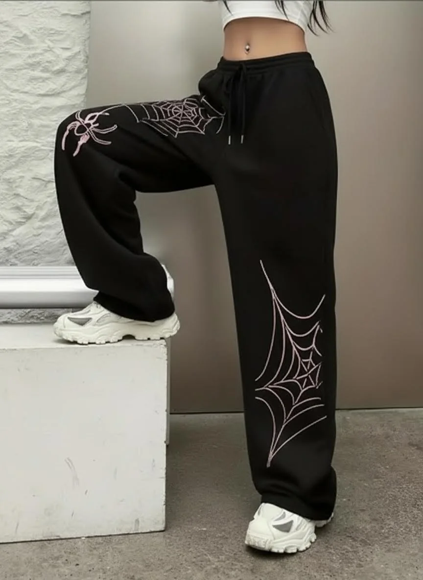 سراويل هاي ستريت الأمريكية، مجموعة شتوية سوداء جديدة للرجال العصريات بتصميم مطبوع، هي بنطال فضفاض واسع الساق