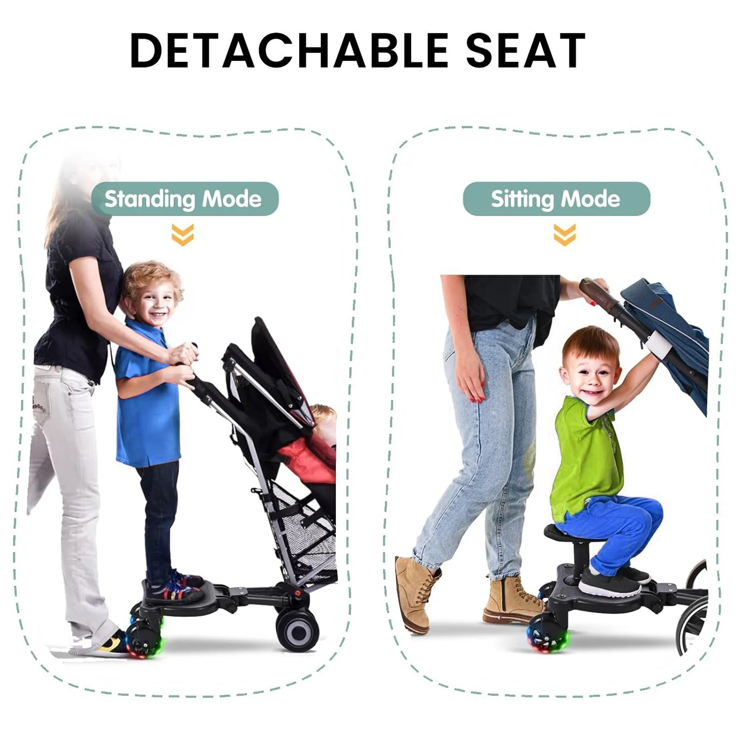 Poussette 2 en 1 pour bébé, planche à roulettes pour enfant avec pédales, siège, chariot pour enfants, accessoire, design réglable, double fonction (debout et assis)